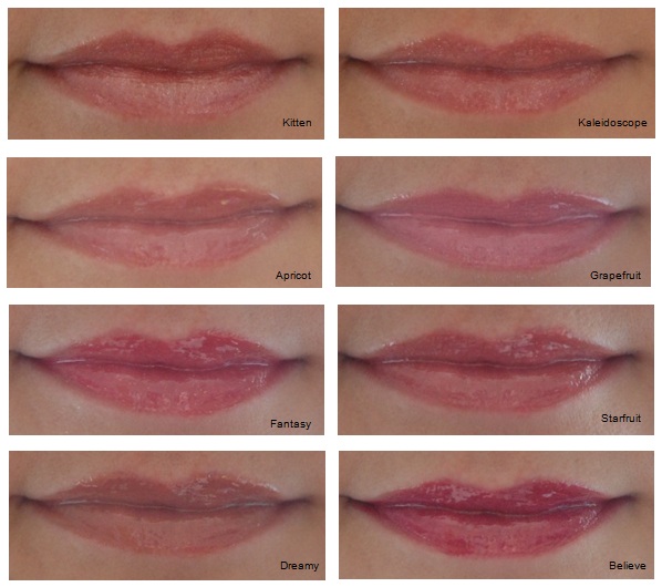 Each of the Stila Winter Lip Glaze colours applied