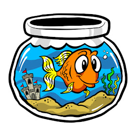 Cartoon of goldfish with big eyes in bowl