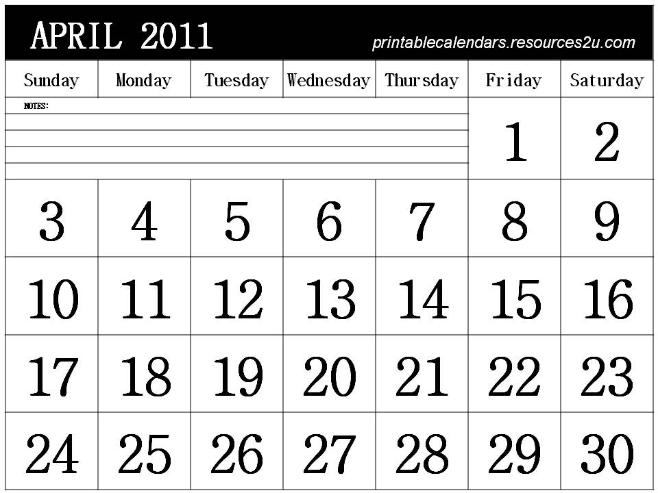 calendar 2011 april. April 2011 Calendar Horizontal