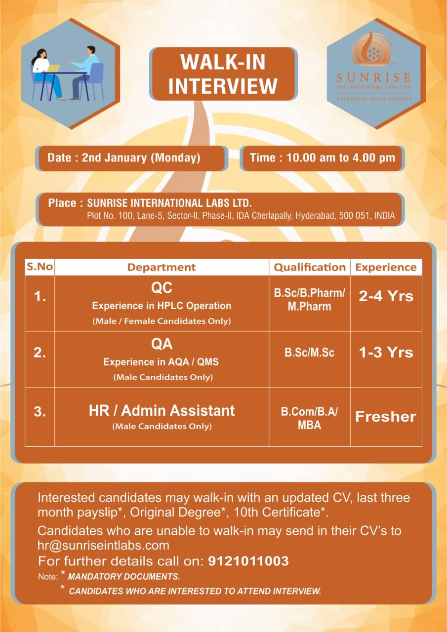 Job Availables, Sunrise International Lab Walk In Interview For QA/ QC/ HR/Admin Assistant Department For Fresher And Experienced