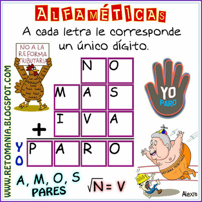 Desafíos matemáticos, Retos matemáticos, Retos mentales, Problemas matemáticos, Retos matemáticos con solución, Acertijos, Acertijos con palabras, Acertijos con solución, Alfamética, Criptoaritmética, Criptosuma, Criptograma, Juego de palabras, Suma de palabras, Alfaméticas con solución, criptoaritméticas con solución