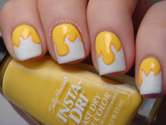 nails nailart nail art polish mani manicure Spellbound Lacquer ABC Challenge Y is for Cracked Eggs and Dripping Yolk texture sponge L.A. LA Colors White NYC New York Color Matte Me Crazy Sally Hansen Lightening Sun Kissed Seche Vite