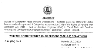 G.O.Ms.No.04 Dt: February 17, 2023 - Suitable posts for Differently Abled Persons under Group A and B Categories as per section 33(i) of the Rights of Persons with Disabilities Act, 2016, Post of Assistant Engineer (Civil) in Tamil Nadu Adi Dravidar Housing and Development Corporation Limited