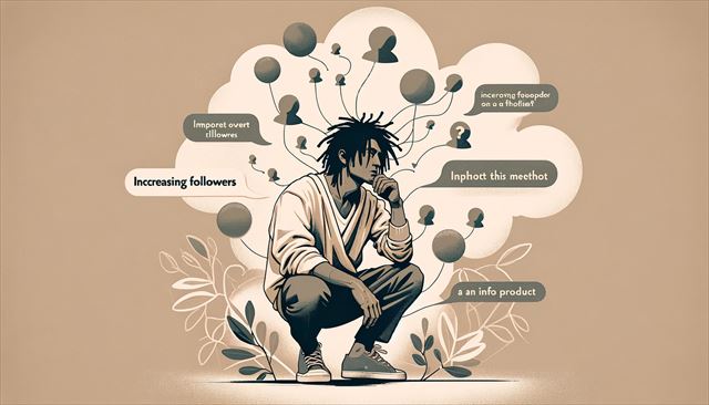 An illustration in a minimalist, abstract style depicting a casual-dressed Japanese man with dreadlocks, symbolizing a moment of contemplation or a creative block. He is surrounded by vague, abstract shapes representing his fleeting thoughts about increasing followers on a platform and possibly selling this method as an info product. The scene is set in a way that captures the essence of pondering over digital strategies and the quiet moments of everyday life, with a focus on simplicity and abstract forms to convey the internal debate on how to attract an audience for his ideas.