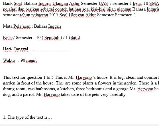  Soal  UKK UAS Bahasa Inggris kelas 10 SMA  SMK Semester 1 