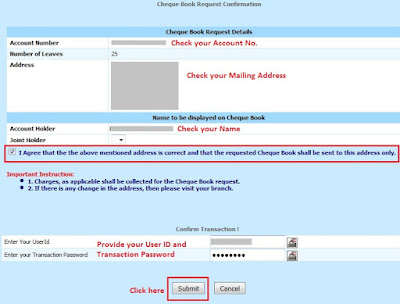 Cheque Book Request in Bank of India