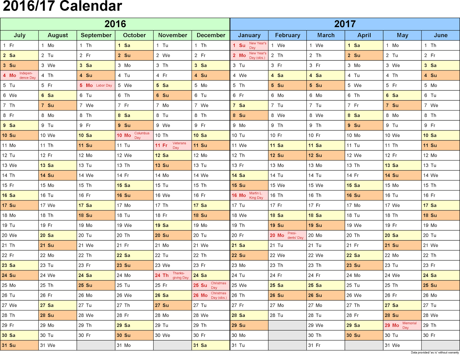 two year printable calendars for 201617