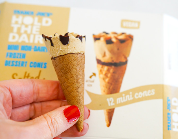 Trader Joe's Hold the Dairy! Salted Caramel Mini Frozen Dessert Cones, box in background