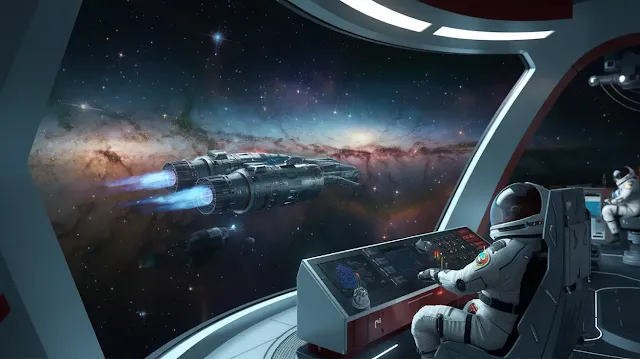 A photo of a futuristic spacecraft with a large window. The window reveals a vast, starry cosmos filled with galaxies, nebulas, and stars.