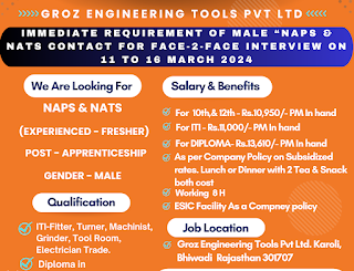 10th Pass, 12th Pass, ITI And Diploma Jobs Vacancies Walk- in Interview for Groz Engineering Tools Pvt Ltd Karoli, Rajasthan