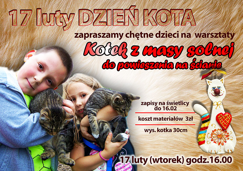 Plakat na warsztaty "Kotek z masy solnej" z okazji Dnia Kota