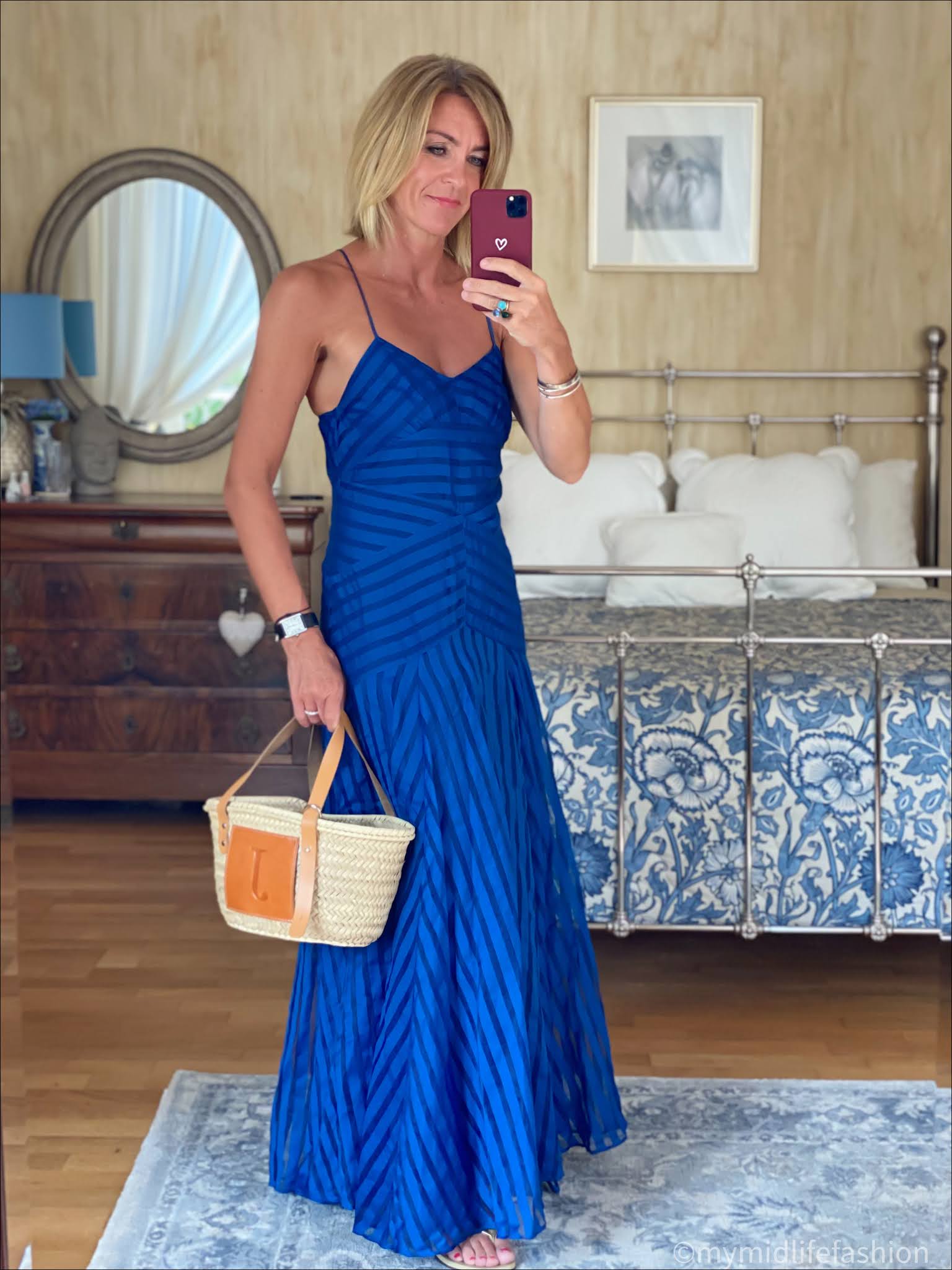 Royal blue spaghetti strap maxi dress, havaianas slim fit gold flip flops, Lada jewellery basket, my midlife fashion