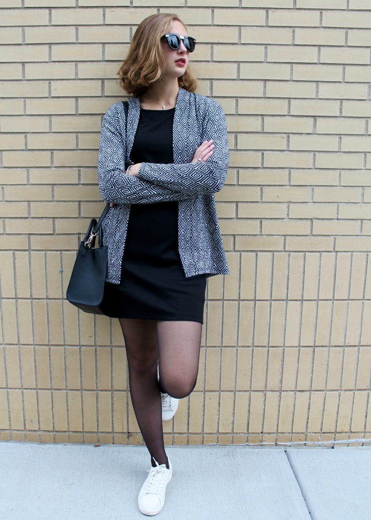 LBD, white trainers, black purse and geometric printed vest #ootd