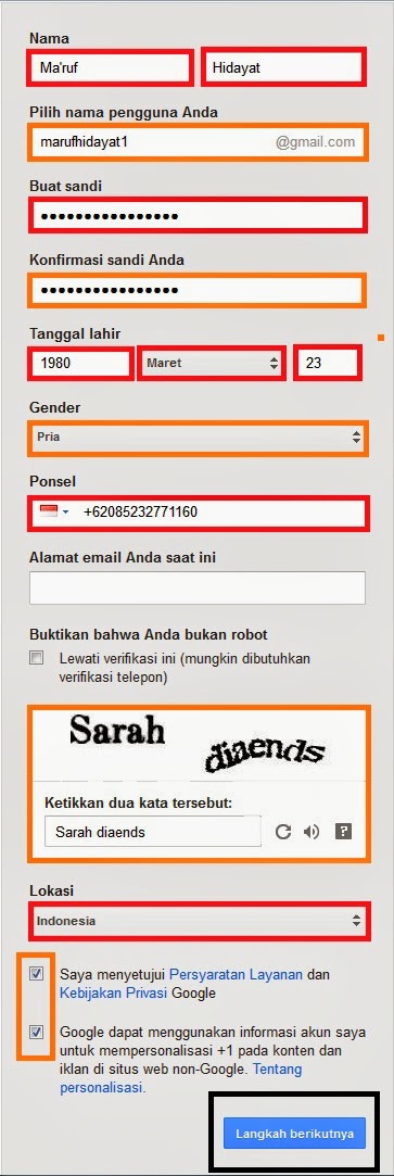 Isi form pendaftaran untuk melanjutkan buat email