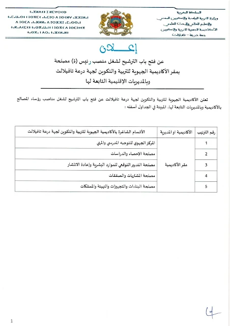 إعلان فتح باب الترشيح لمناصب المسؤولية بأكاديمية جهة درعة تافيلالت وبالمديريات التابعة لها