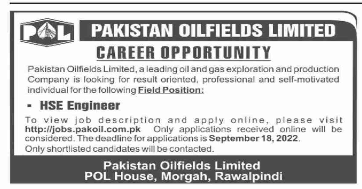 Pakistan Oilfields Limited POL Jobs 2022 for HSE Engineers,Engineer jobs,rawalpindi jobs,