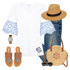 monogram bell sleeve top outfit