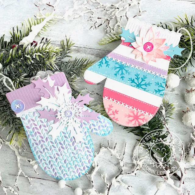 Sunny Studio Stamps: Woolen Mitten Holiday Gift Tags by Bobbi Lemanski (featuring Cable Knit Embossing Folder)