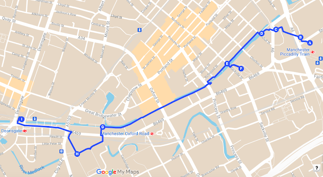 Map with blue line showing route from Manchester Piccadilly to Deansgate Manchester