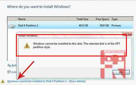 Mengatasi Windows Cannot Be Installed To This Disk, The Selected Disk Is Of The GPT Partition Style