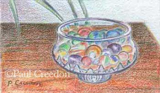 drawing of still life with marbles