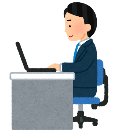 横から見たパソコンで仕事をする人のイラスト（男性）