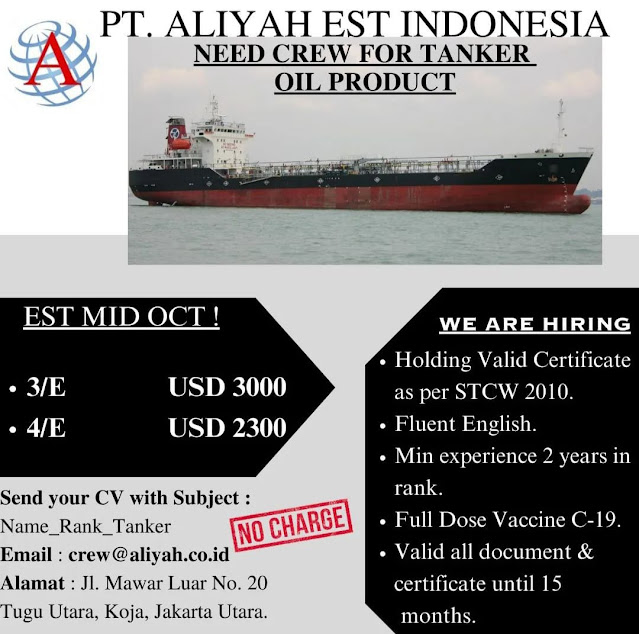 Job Pelaut Kapal Tanker Oil Product 3/E dan 4/E (No Charge) 2023