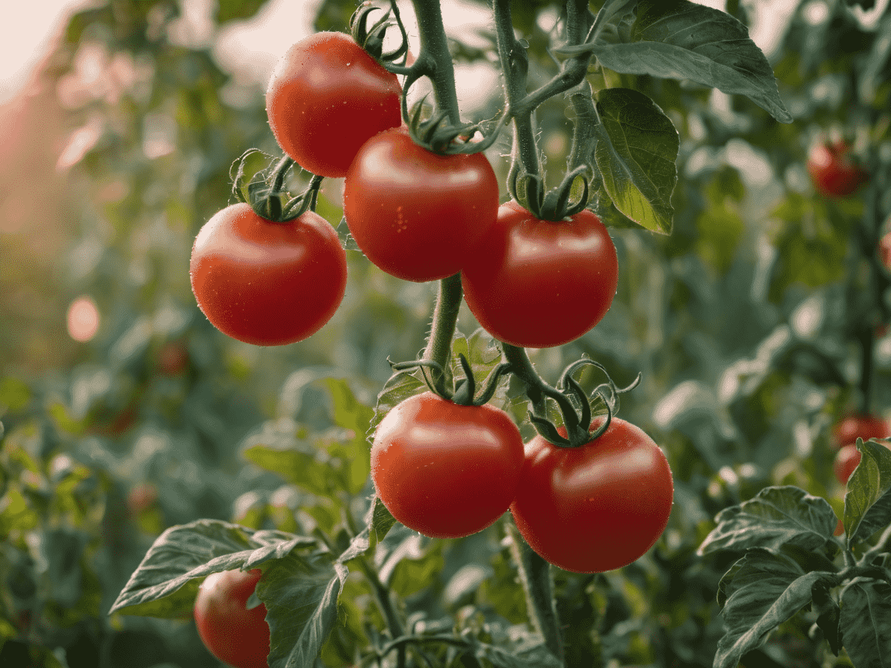 A vibrant tomato plant thrives in a sun-drenched garden, its emerald leaves contrasting with clusters of ripe red fruit.