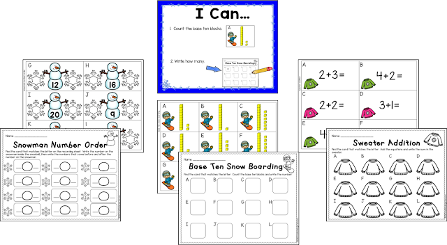 winter math centers, winter literacy centers, January centers