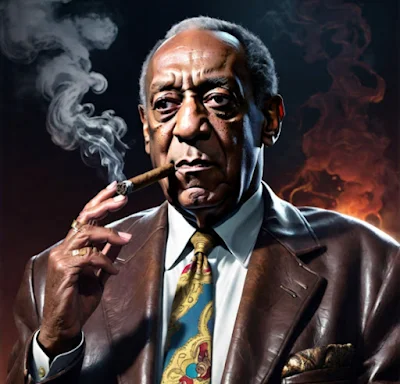 Bill Cosby from the chest up wearing a dark brown leather blazer and smoking a cigar