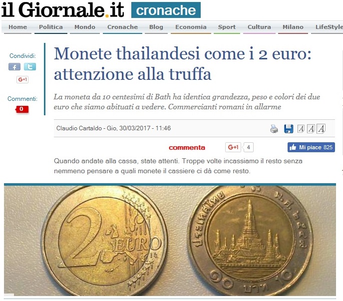 イタリアニュース Italianews イタリア 2ユーロ硬貨とタイの10バーツ硬貨が似すぎているのでご注意を