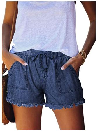 Elastic Waist Summer 2021 - Frayed Tencel Shorts with Pockets S-XXL