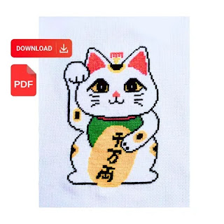Maneki Neko Lucky Cat Cross Stitch Pattern | Japanese Fortune Cat Embroidery