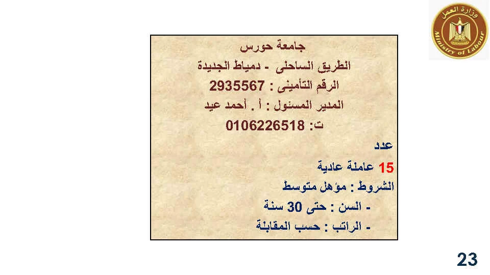 وزارة القوى العاملة تعلن عن 4120 فرصة عمل جديدة في 38 شركة خاصة في 11محافظة لمختلف التخصصات