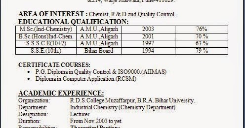 Resume Format For Msc Chemistry Freshers Download
