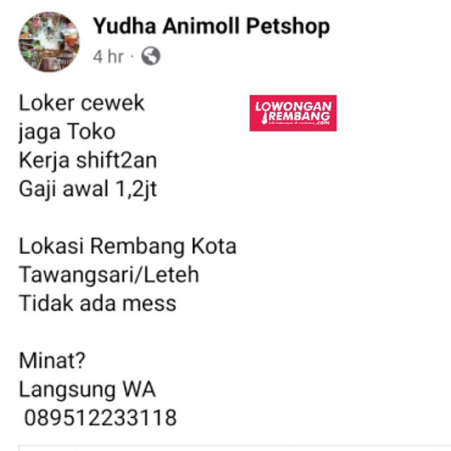 Lowongan Kerja Pegawai Penjaga Yudha Animoll Petshop Rembang Tanpa Syarat Ijazah