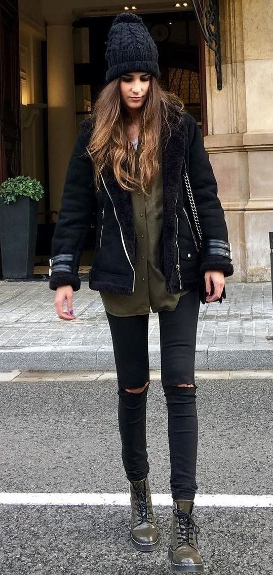 trendy winter outfit idea / knit hat + black jacket + shirt + ripped jeans + boots