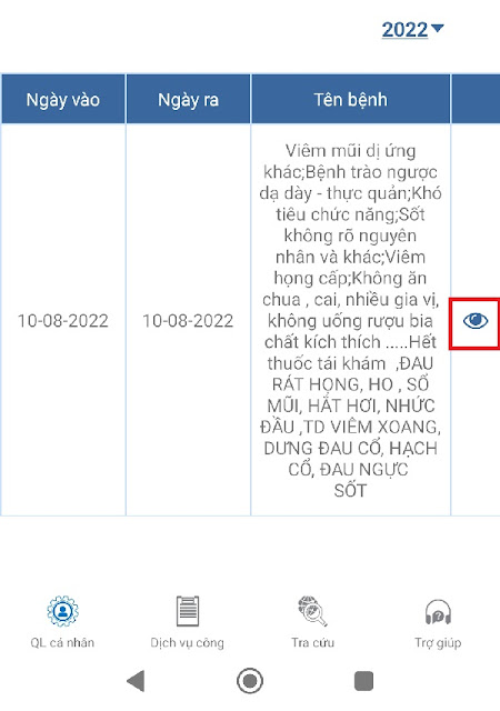 Hình ảnh thông tin khám bệnh trên ứng dụng VssID