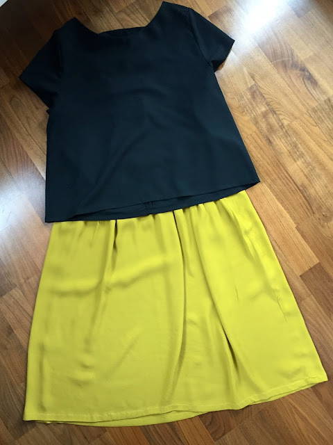 Diary of a Chain Stitcher: Mustard Midi Skirt & Black Inari Tee with Cut Out Back