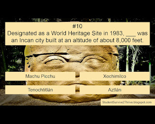 Designated as a World Heritage Site in 1983, ___ was an Incan city built at an altitude of about 8,000 feet. Answer choices include: Machu Picchu, Xochimilco, Tenochtitlán, Aztlán