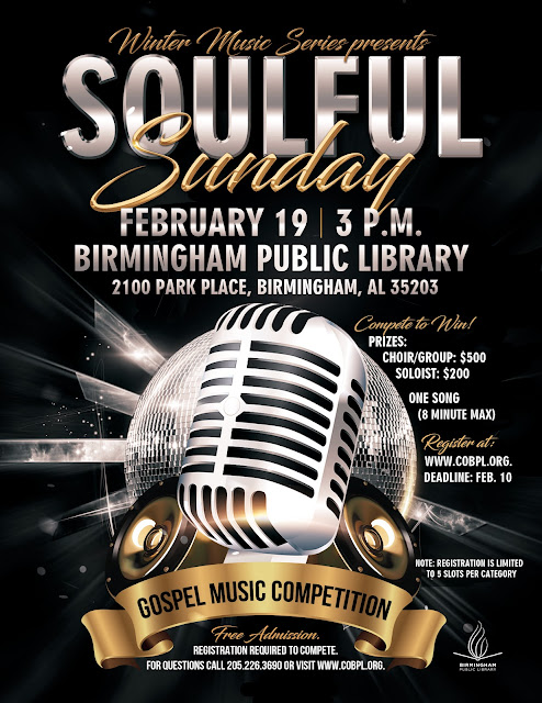 Flyer for Souful Sunday, the second program in the Winter Music Series at the Central Library. It is on Sunday, February 19, at 3:00 p.m.