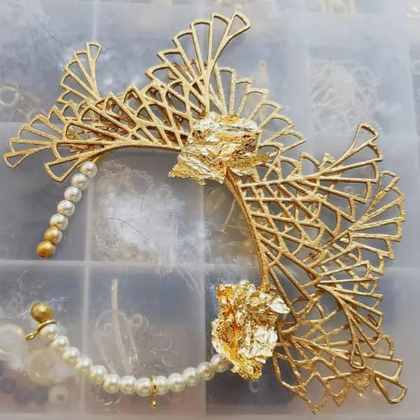sculpted paper ear cuff with gold leaf and pearls