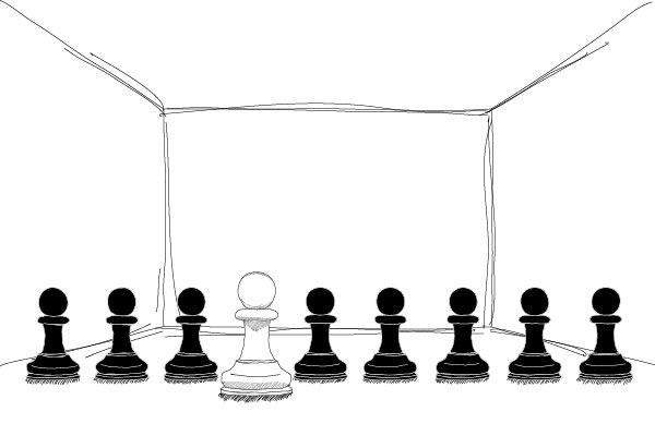 Un peón blanco de ajedrez frente a ocho peones negros.