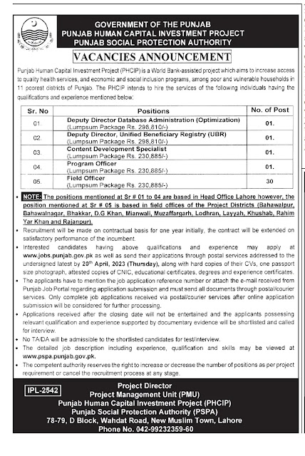 Govt Jobs Punjab Social Protection Authority PSPA Jobs In Lahore 2023