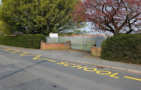 Repainted school-related road markings in Brigg in April 2019 - months after the school buildings were demolished