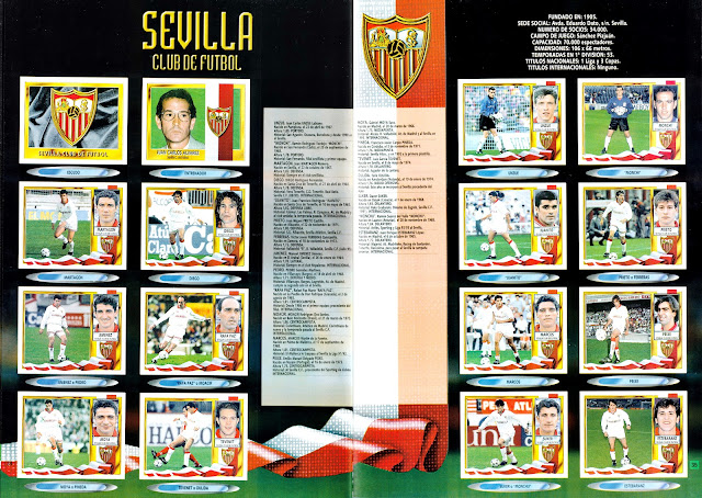 SEVILLA C. F. Temporada 1995-96. Escudo, Juan Carlos Álvarez (entrenador), Juan Carlos Unzúe, Monchi. Martagón, Diego, Juanito, Prieto. Jiménez, Rafa Paz, Marcos, Peixe. Moya, Tevenet, Suker, Quique Estebaranz.