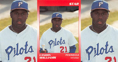 Landon Williams 1990 Peninsula Pilots card, Williams seen holding bat