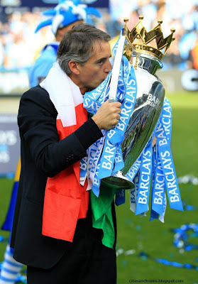 Roberto Mancini Kissing The Premier League Championship Cup 2012 - Manchester City