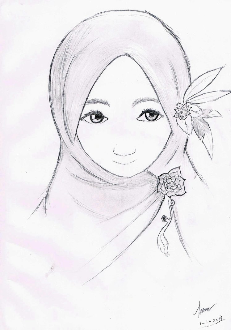 Sketsa Gambar Wanita  Hijab Sobsketsa