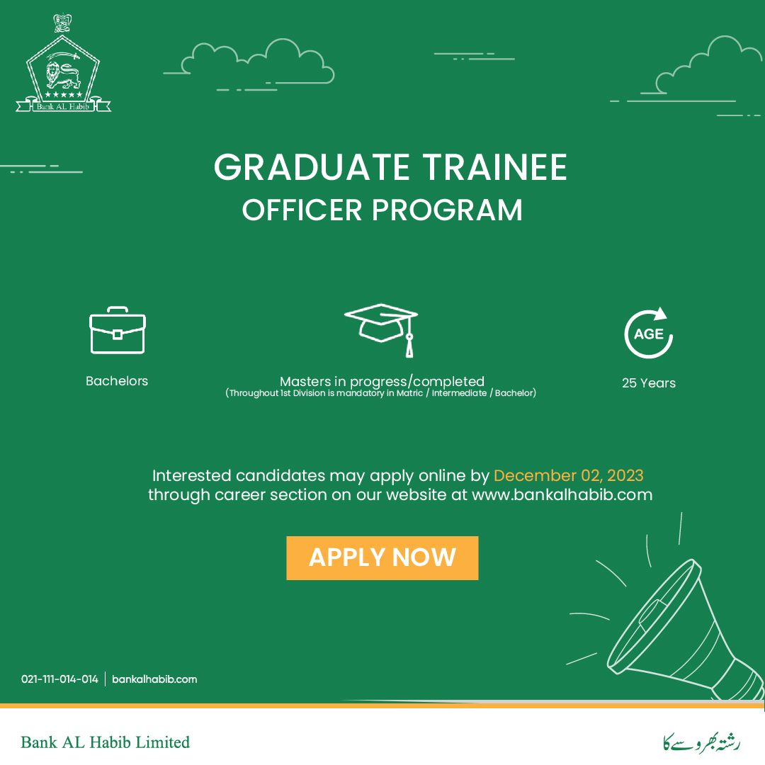 Job For Graduate Trainee Officer Program in  Bank AL Habib  Bank AL Habib